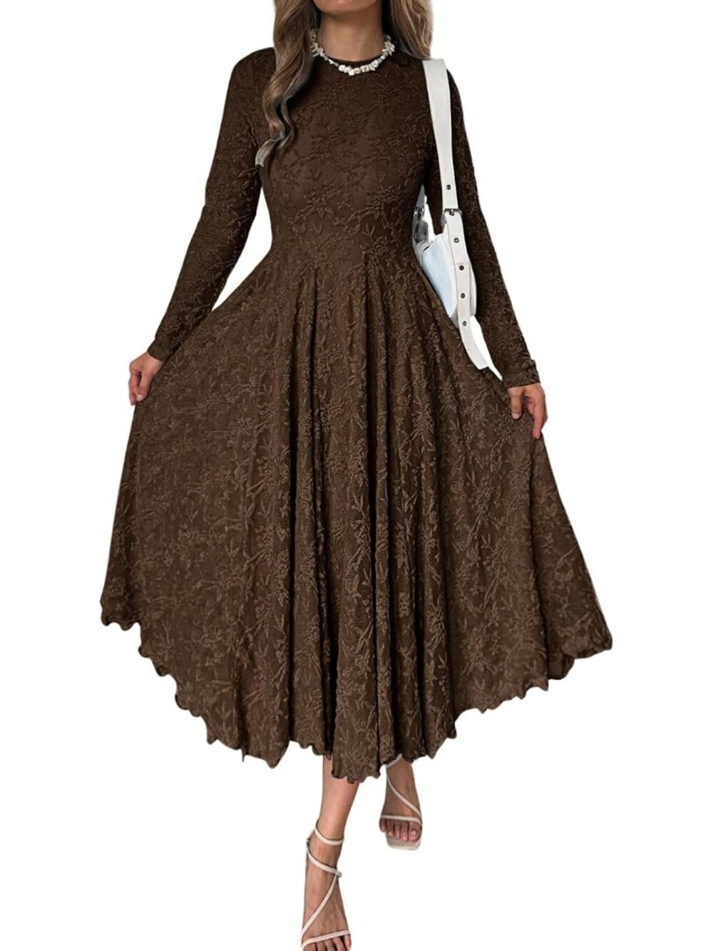Women's Brown Long Sleeve Round Neck Fall Wedding Guest Floral Maxi Dresses